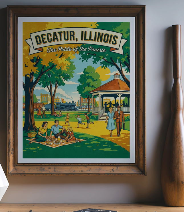 Decatur, Illinois "The Pride of the Prairie" vintage travel poster in a wooden frame.