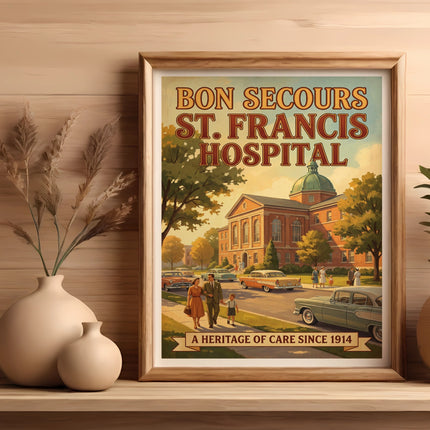 Bon Secours St. Francis Hospital vintage poster with "A Heritage of Care Since 1914".
