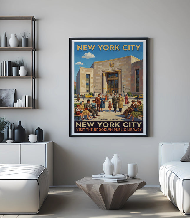 Vintage New York City poster of Brooklyn Public Library, with text and people.