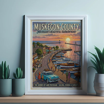 Muskegon County, Michigan harborfront scene with boats, cars, and people at sunset.