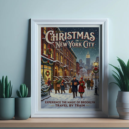 Christmas in New York City travel poster with train.