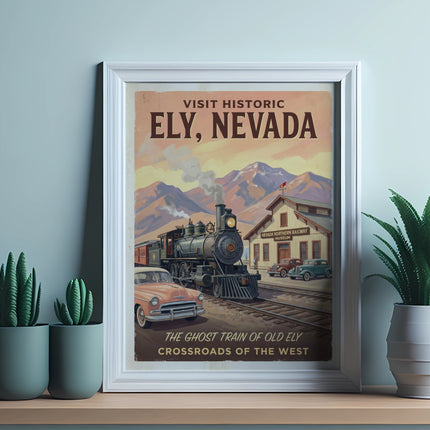 Visit Historic Ely, Nevada poster with train, buildings, cars, and mountains.