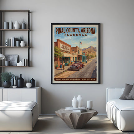 Pinal County Arizona Florence vintage travel poster with Ruggles General Store.