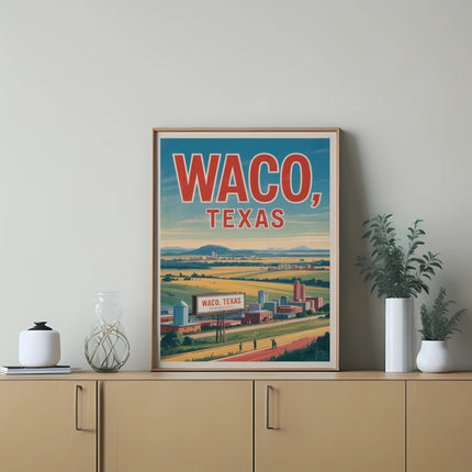 Waco, Texas poster with cityscape and green landscape.