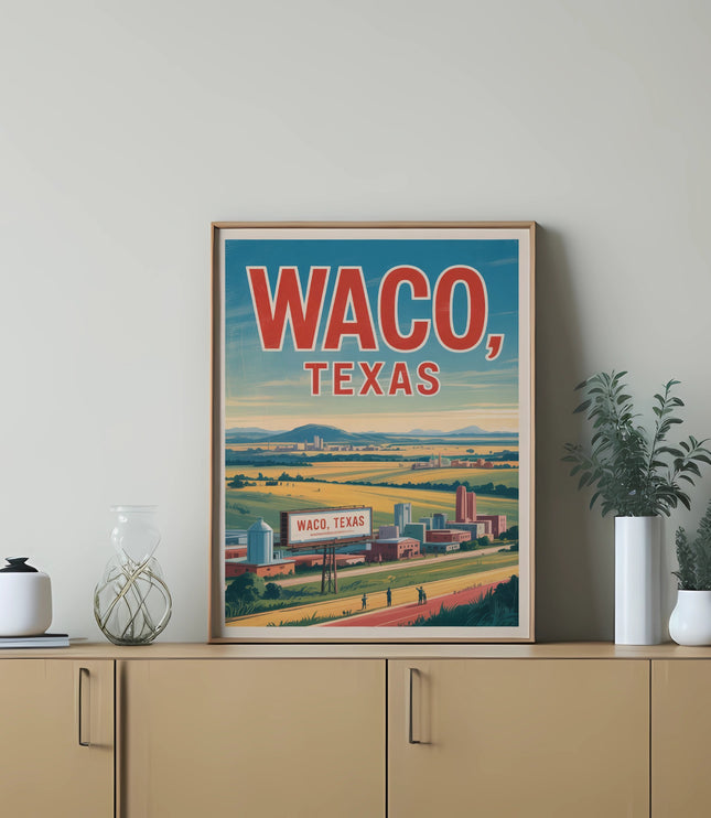 Waco, Texas poster with cityscape and green landscape.
