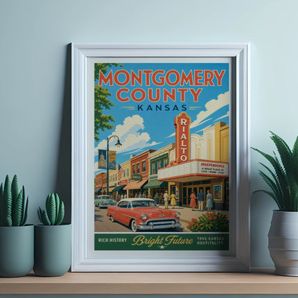 Vintage poster for Montgomery County, Kansas, featuring Rialto Theater and classic car.