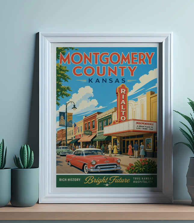 Vintage poster for Montgomery County, Kansas, featuring Rialto Theater and classic car.
