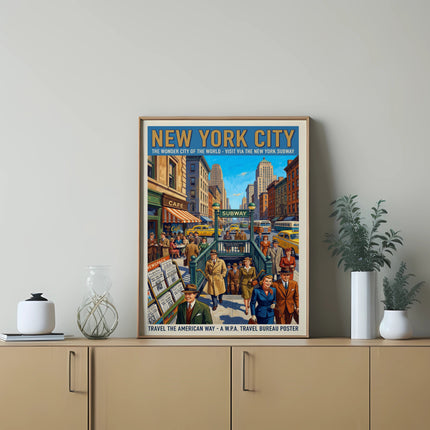Vintage New York City subway poster featuring buildings, people, and subway entrance.