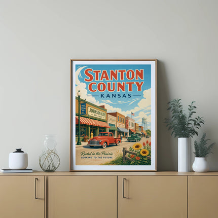 Vintage poster for Stanton County, Kansas, featuring a street scene and text.
