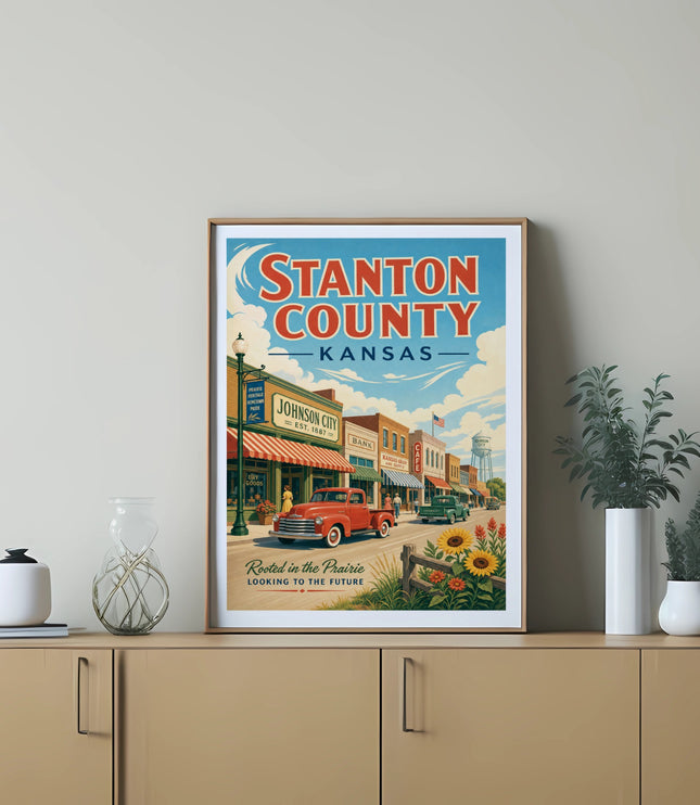 Vintage poster for Stanton County, Kansas, featuring a street scene and text.