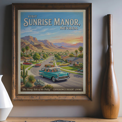 Vintage poster showing a suburban landscape with classic cars and mountains.