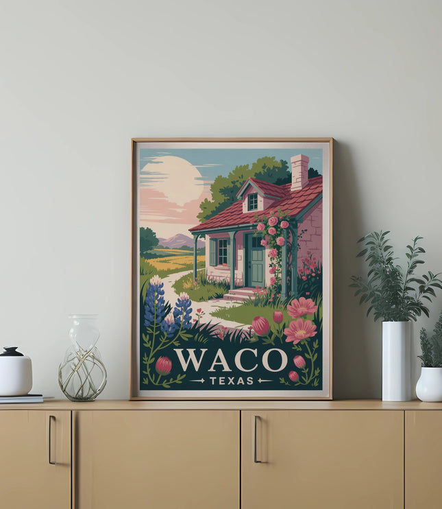 Waco Texas retro travel poster featuring a cottage and flowers.