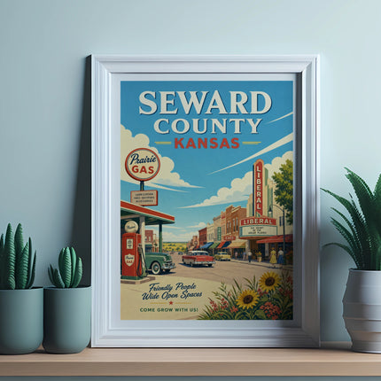 Vintage poster of Seward County, Kansas, showing a gas station and town scene.