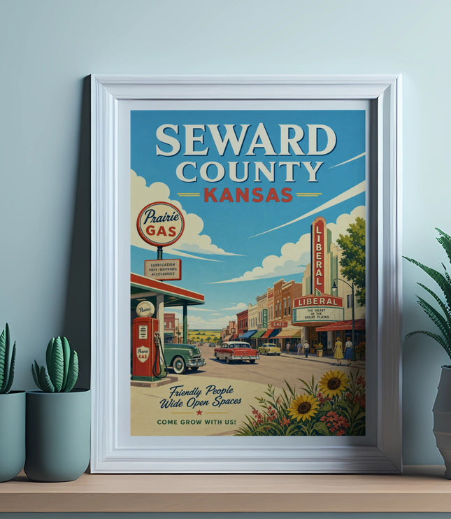 Vintage poster of Seward County, Kansas, showing a gas station and town scene.