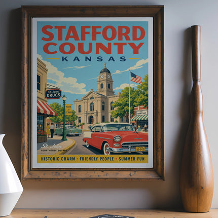 Stafford County, Kansas vintage poster featuring courthouse square and classic car.