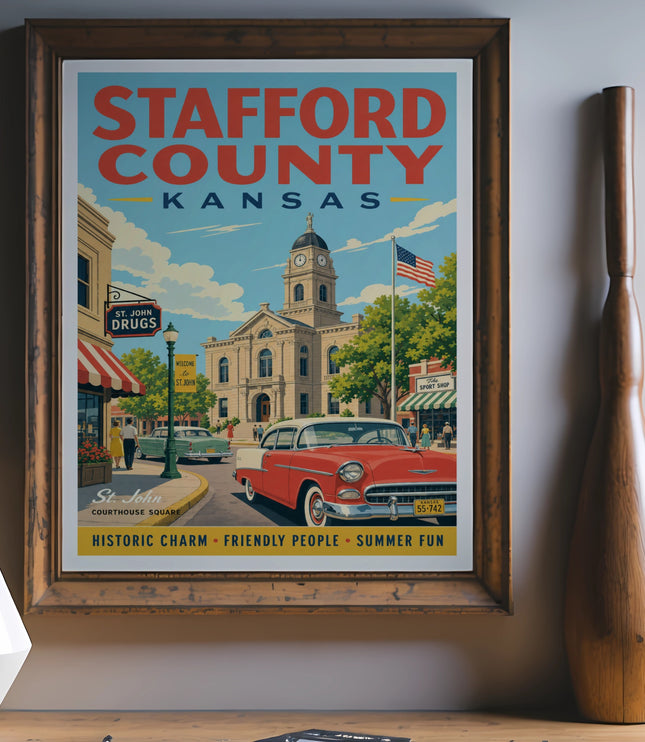 Stafford County, Kansas vintage poster featuring courthouse square and classic car.