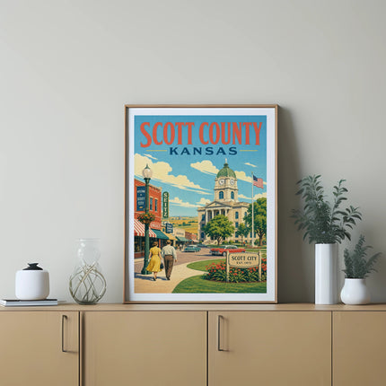 Scott County, Kansas poster featuring Scott City architecture and welcome sign.