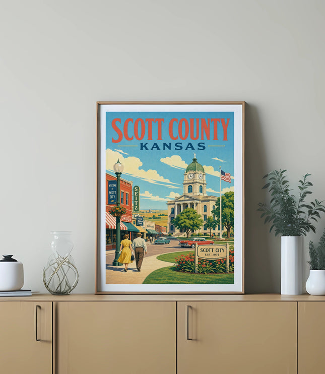 Scott County, Kansas poster featuring Scott City architecture and welcome sign.