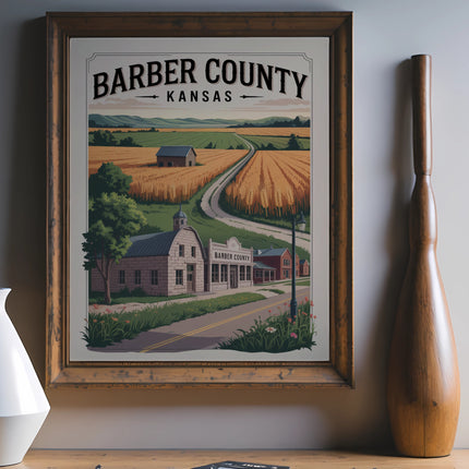 Barber County Kansas poster with farm landscape illustration.