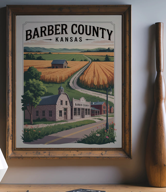 Barber County Kansas poster with farm landscape illustration.
