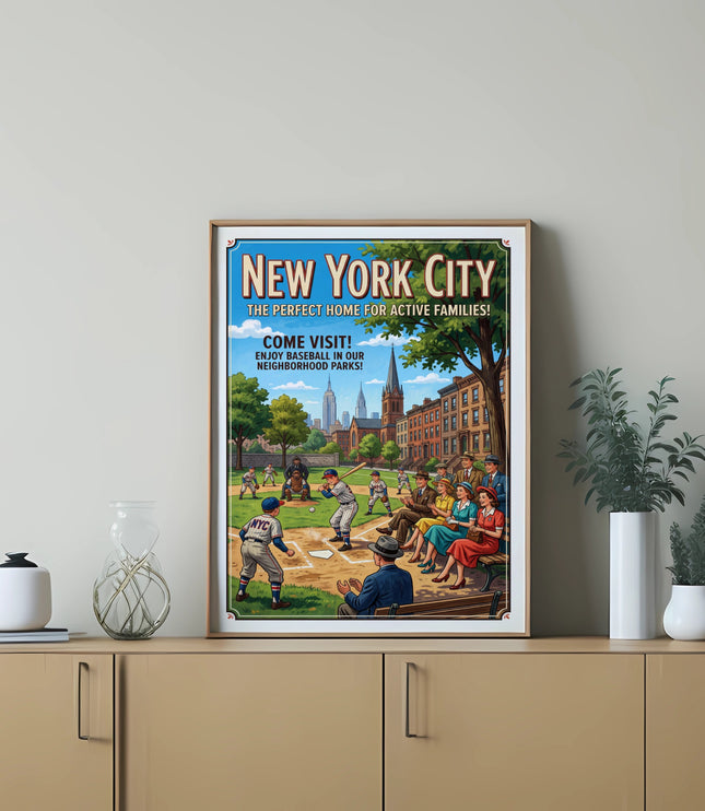 New York City baseball poster with families and vintage buildings.