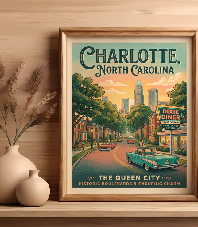 Retro poster of Charlotte, North Carolina with skyline and Dixie Diner.