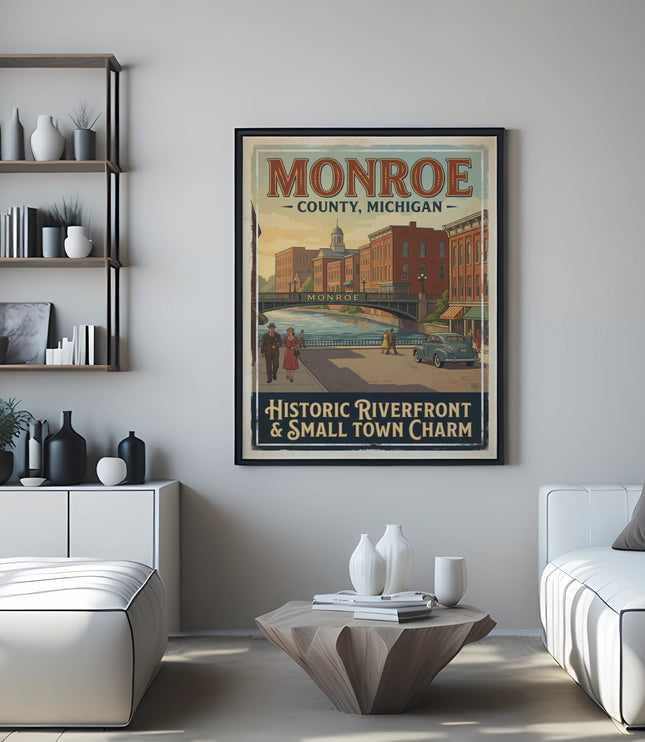 Monroe County Michigan riverfront vintage poster showing buildings, bridge, and vintage car.