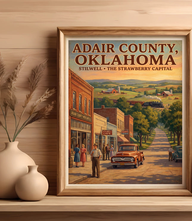 Adair County, Oklahoma vintage travel poster with Stilwell Strawberry Capital scene.