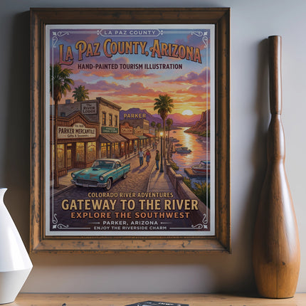 La Paz County, Arizona tourism illustration with vintage car and river scene.