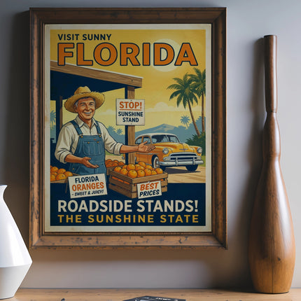 Florida roadside stand poster with oranges, car, and text.