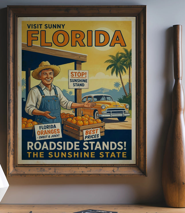 Florida roadside stand poster with oranges, car, and text.