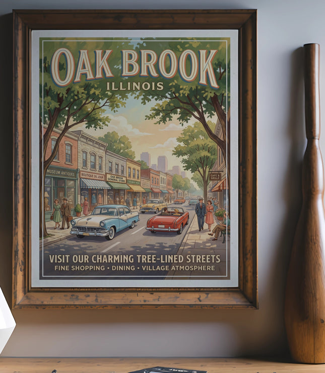 Oak Brook, Illinois vintage travel poster with shops and cars.