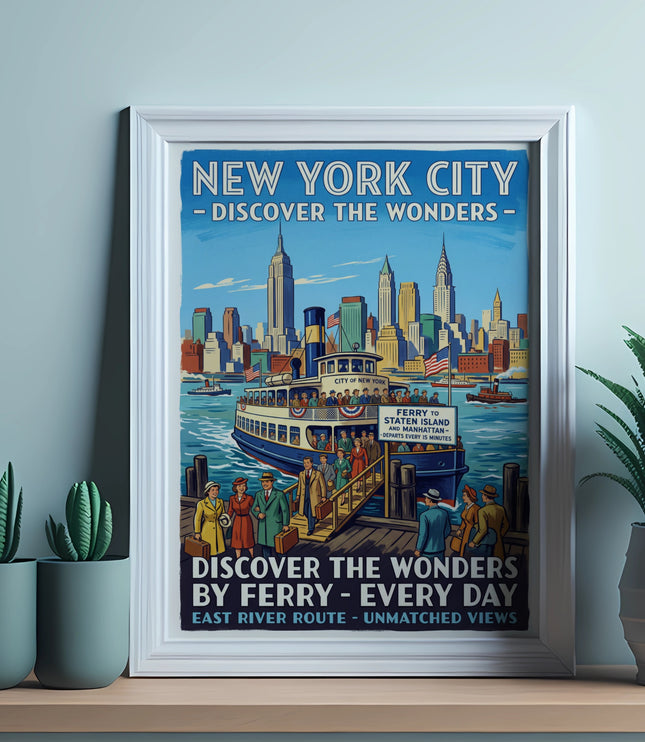 New York City ferry poster with skyline, featuring text "Discover the Wonders by Ferry".