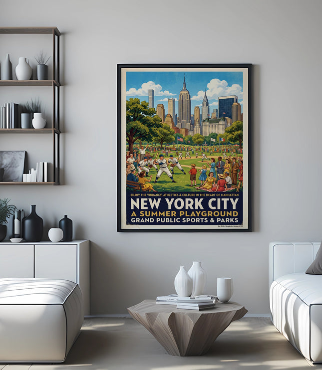 Vintage "New York City: A Summer Playground" poster with skyline and baseball game.