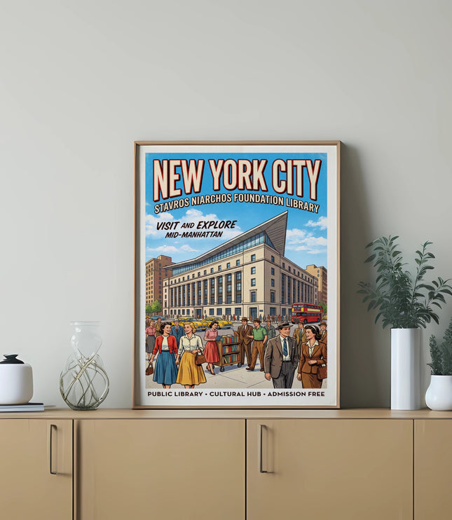 New York City postcard featuring Stavros Niarchos Foundation Library, mid-Manhattan, people, and a double-decker bus.