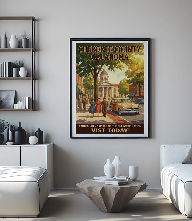 Cherokee County, Oklahoma poster with Tahlequah, Capital of the Cherokee Nation.