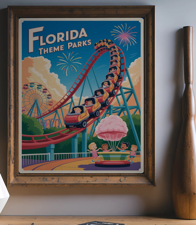 Vintage Florida Theme Parks poster with roller coaster, Ferris wheel, and happy children.