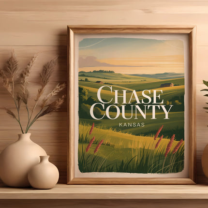 Framed "Chase County" landscape print with vases on a wooden shelf.