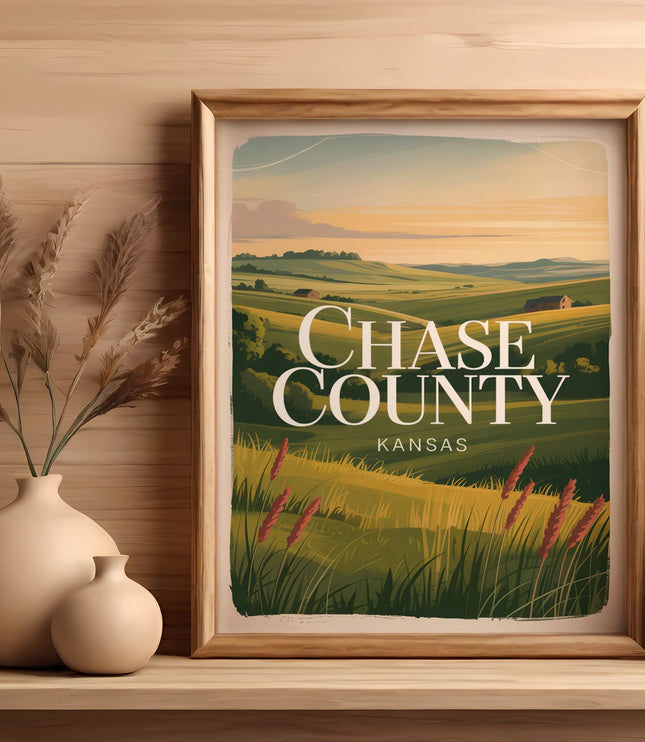 Framed "Chase County" landscape print with vases on a wooden shelf.