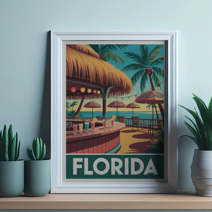 Vintage Florida beach bar poster with palm trees and beach chairs.