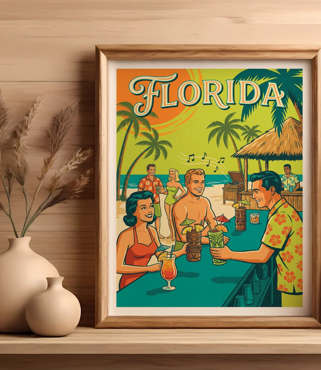 Framed vintage print of people at a beach bar with "FLORIDA" text.