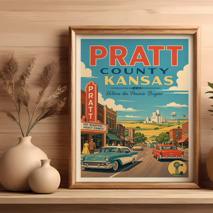 Vintage travel poster for Pratt County, Kansas, featuring cars and buildings.