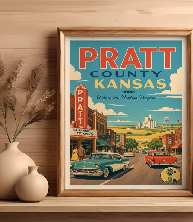 Vintage travel poster for Pratt County, Kansas, featuring cars and buildings.