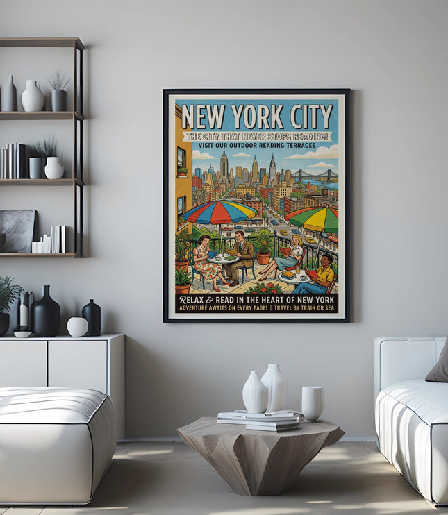 New York City vintage travel poster with people reading on terraces.