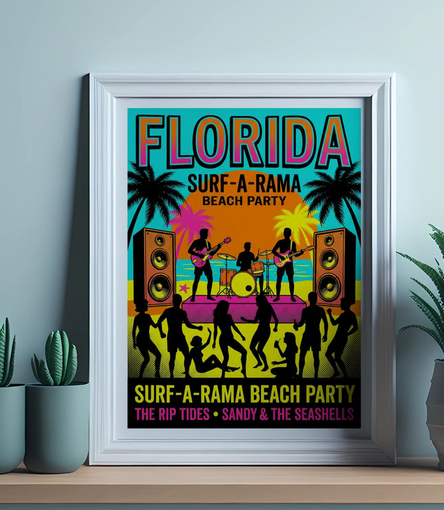 Florida Surf-A-Rama Beach Party poster featuring a band and dancing silhouettes.