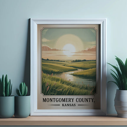 Framed artwork of Montgomery County, Kansas landscape with river and sun.