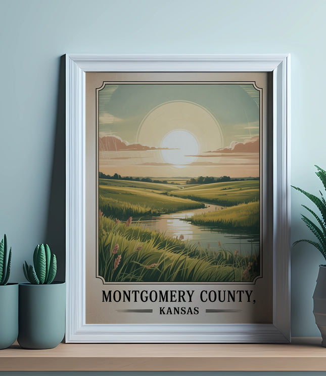 Framed artwork of Montgomery County, Kansas landscape with river and sun.