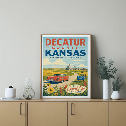 Decatur County Kansas poster with 1955 car, farm, and sunflowers.