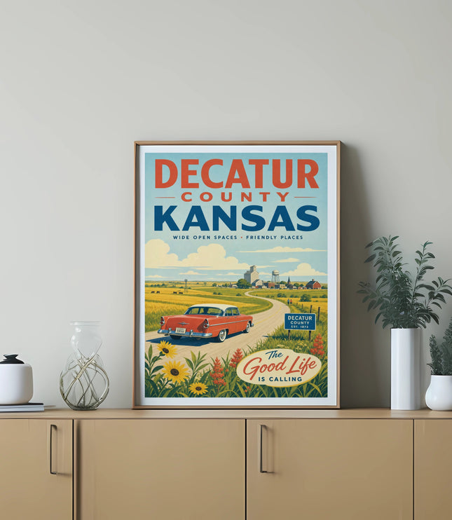 Decatur County Kansas poster with 1955 car, farm, and sunflowers.