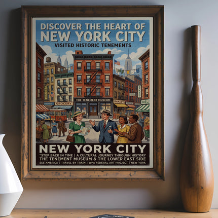 New York City historic tenement museum poster with people and buildings.